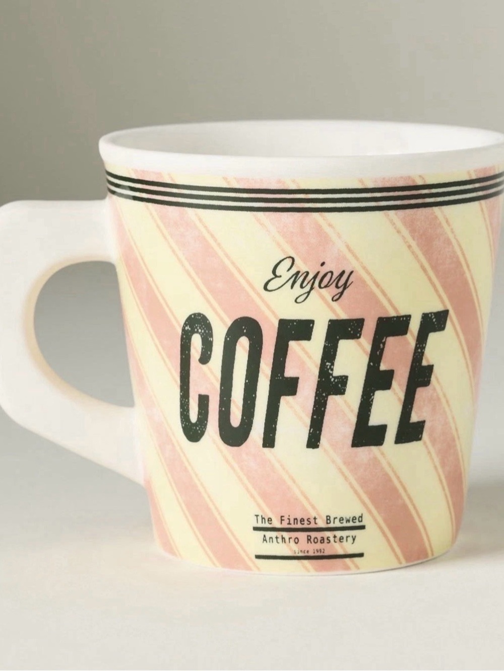 Anthropologie Glacé Stoneware Enjoy Coffee Mug | Pink Stripes| Diner | Retro